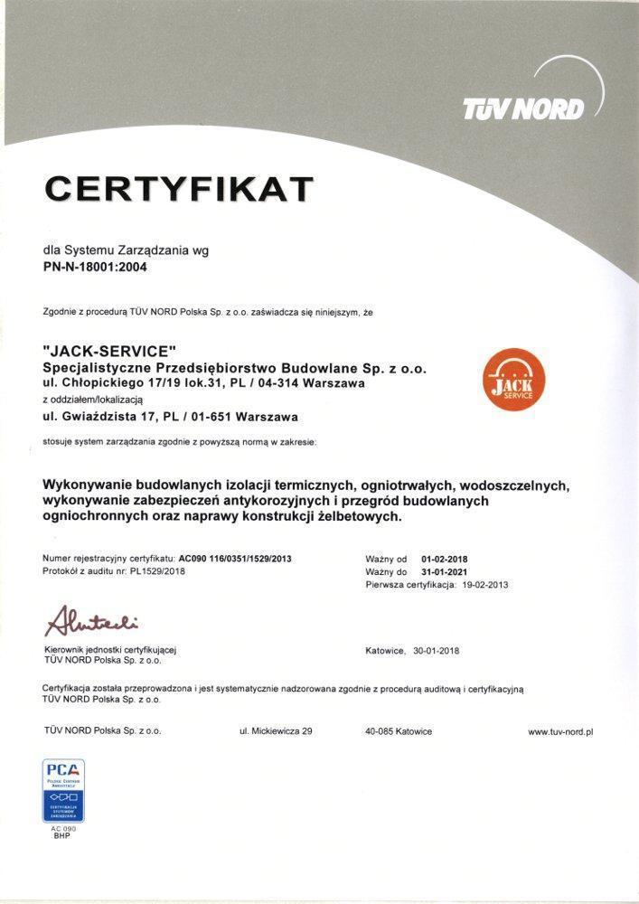 Certyfikat ISO 18001:2004 (wer. polska)