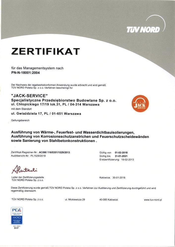 Certyfikat ISO 18001:2004 (wer. niemiecka)