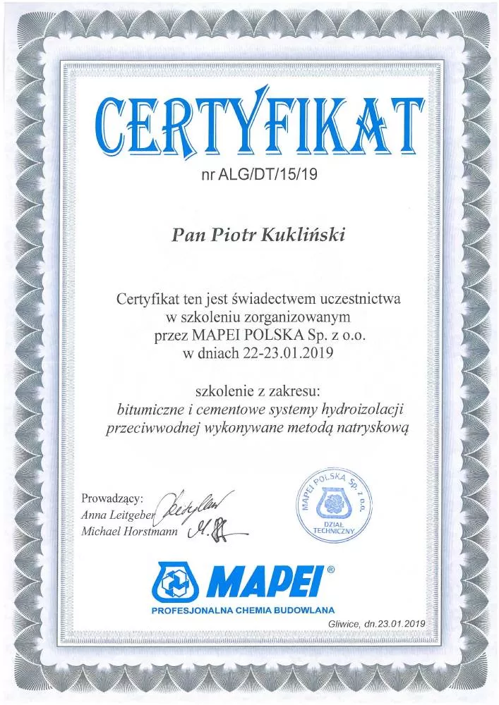 Certyfikat MAPEI Piotr Kukliński