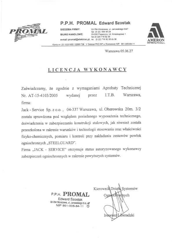 Licencja P.P.H. PROMAL Edward Szostak